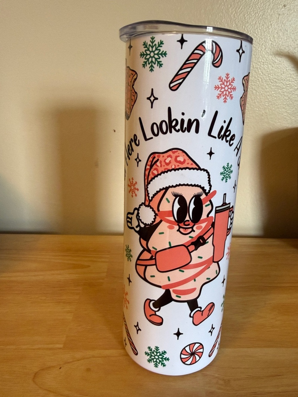 Holiday Donut Travel Tumbler - White with Pink & Red